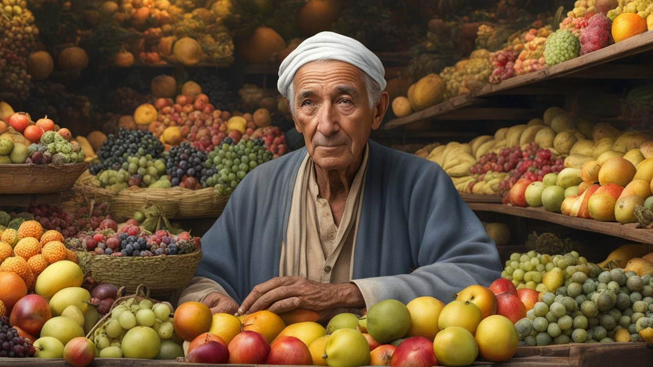 elderly male market trader selling many different types of fruit, showing his head and upper body, perfect eyes, perfect anatomy, exquisite composition, beautiful detailed intricate detailed octane render, 8k artistic photography, photorealistic, soft natural volumetric cinematic perfect light, chiaroscuro, award-winning photograph, masterpiece, raphael, caravaggio, bouguereau