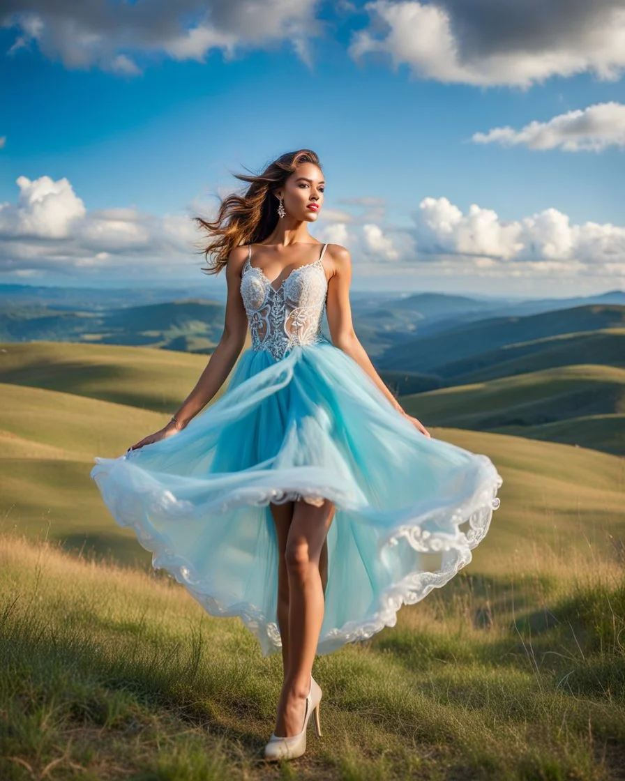 full-body closeup shot of a young, beautiful girl with a perfect face and makeup,wearing pretty dance dress standing in a stage in open air nice hills , blue sky ,pretty clouds at distant