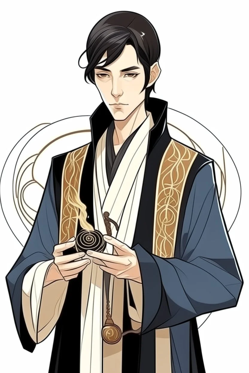 young male alchemist wearing a robe and black hair in art deco style