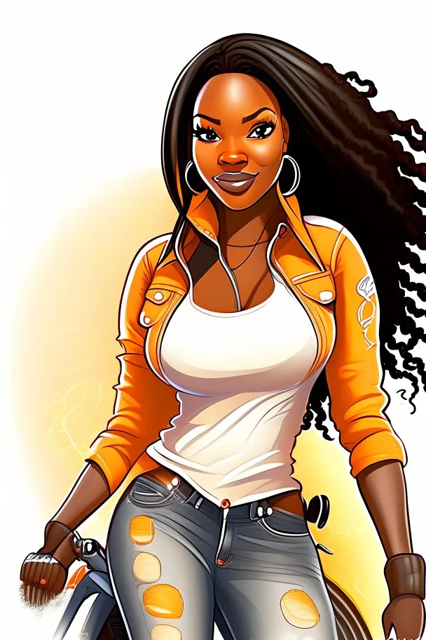 Create a digital airbrush cartoon of a curvy African American female wearing tight white jeans and a off the shoulder orange blouse. She is also wearing timberland boots. Prominent make up with hazel eyes. Highly detailed very long extremely dread locs black hair. Her skin is smooth and silky. Background of a track of ATV riders.