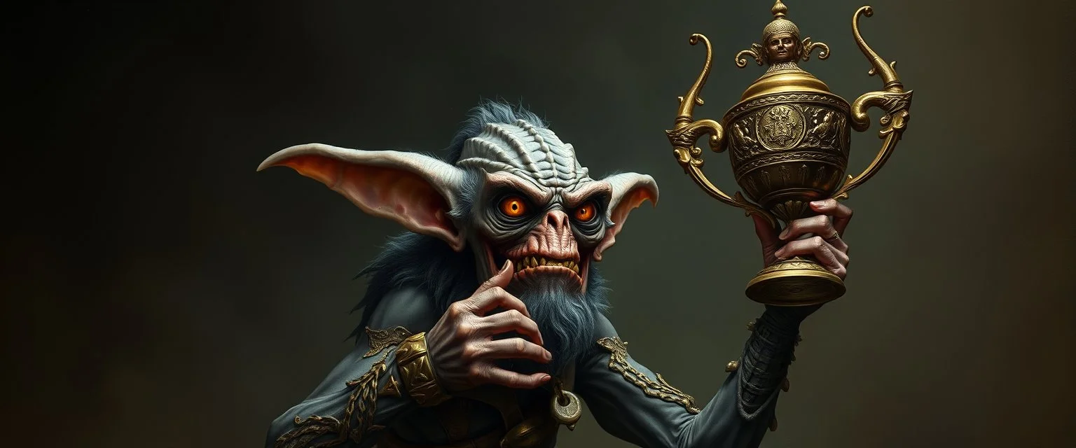 gremlin dark elf mind flayer eye tyrant beholder guy holding up the most retarded trophy, painted by Rembrandt