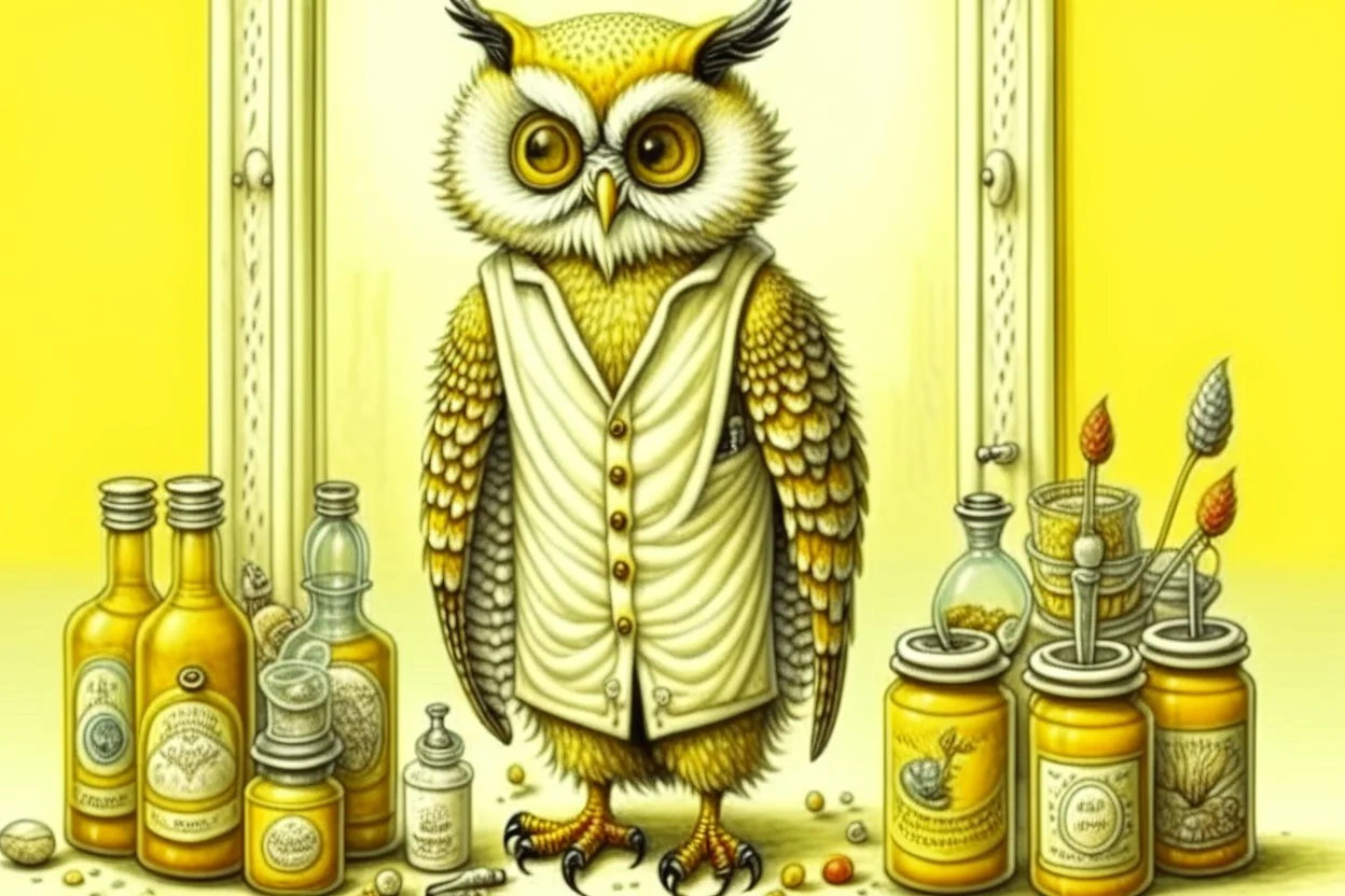 Jean-Baptiste Monge style. Full body of a humanoid biomorph kitten-owl faced nurse in hospital. Pills in jars and piles. A furry striped dress, covered with owl feathers, in sunshine