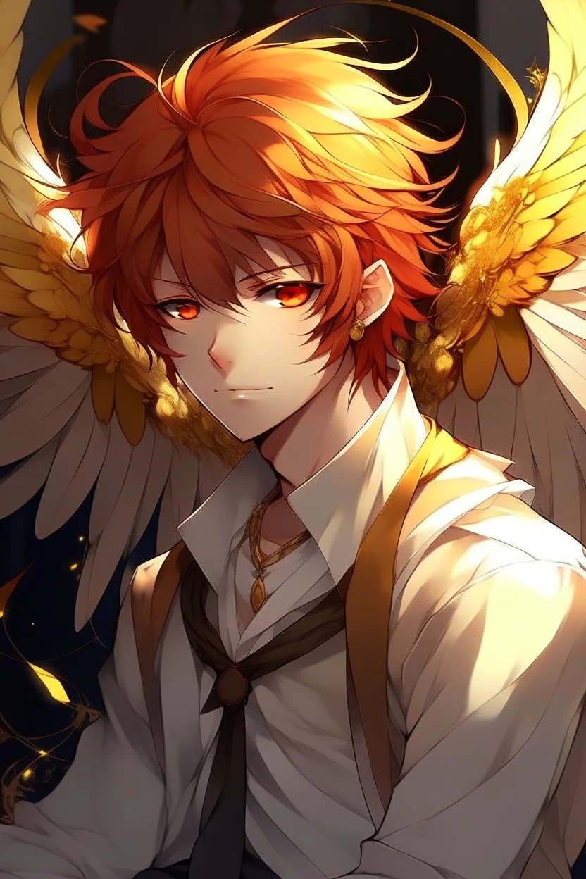 A male anime angel with messy red hair, gold eyes, large, feathered wings that look damaged.