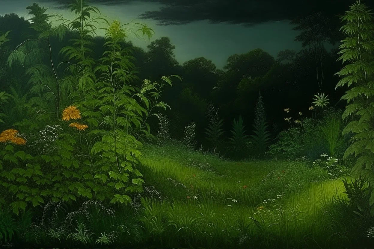 A dark green meadow with plants painted by Henry-Robert Brésil