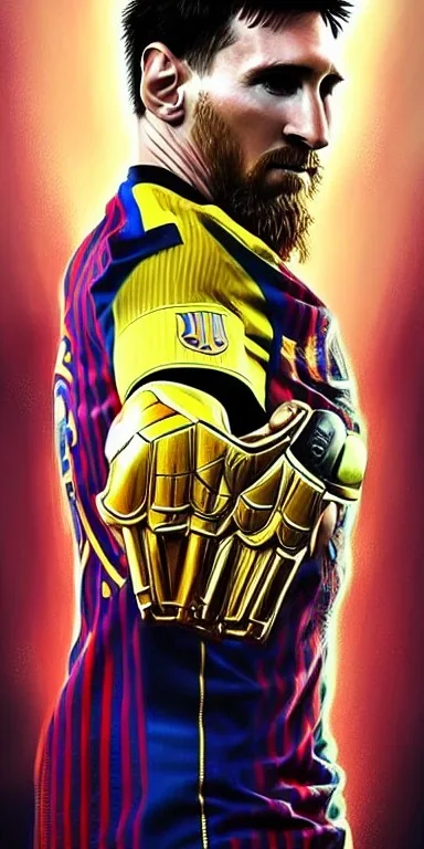 Insanely detailed portrait of messi wearing infinity gauntlet that bears aworld cup trophy emblem::perfect proportions::by Artgerm, Greg Olsen, Pixar, WLOP:: hyperrealistic, hyper detailed,photorealistic::a masterpiece,incredible composition,amazing depth, imposing,meticulously composed,8k::unreal engine ::Mappa studios::detailed matte painting,deep color,fantastical,intricate detail,splash screen,complementary colors,fantasy concept art, 8k resolution trending on Artstation Unreal Engine