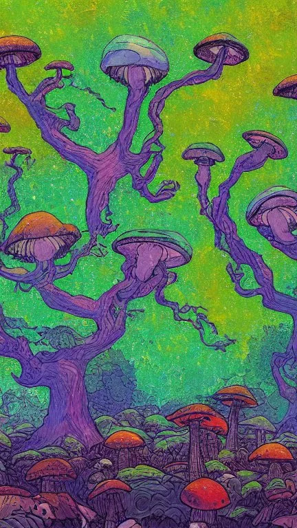 alien landscape with trees and mushrooms