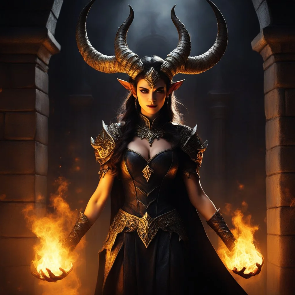 he flickering flames cast eerie shadows on the walls as the female demon, with her yellow skin shimmering in the firelight, stood tall and imposing. Her horns curved menacingly above her head, exuding an aura of dark power. The air crackled with a sense of foreboding as she began to chant ancient incantations, her voice both melodic and chilling. Within the confines of a large iron cage, the demon performed her ritual with precision and grace, her movements fluid and hypnotic