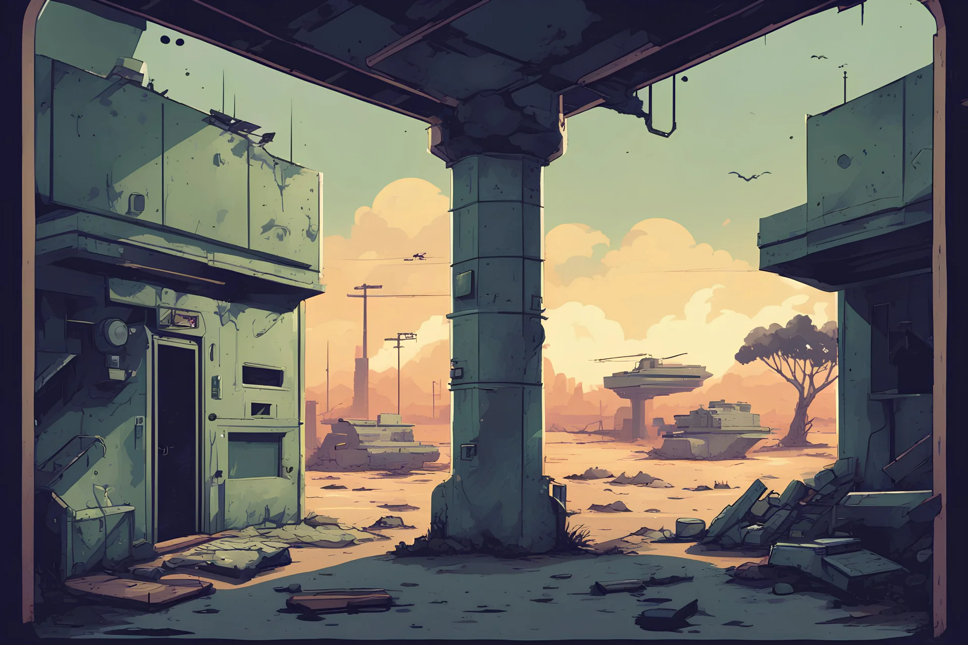 retro 2D game, inside abandoned military base