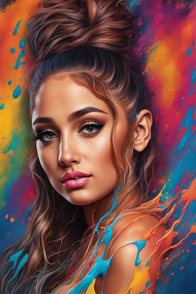 A Liquid Portrait Of AAriana Grande Face Made Of Colours, Muscles And Movement, Charging, Splash Style Of Colourful Paint, Hyperdetailed Intricately Detailed, Fantastical, Intricate Detail, Splash Screen, Complementary Colours, Liquid, Gooey, Slime, Splashy, Fantasy, Concept Art, 32k Resolution, Masterpiece, Melting, Complex Background Dark Art, Digital Art, Intricate, Oil On Canvas, Masterpiece, Expert, Insanely Detailed, 8k Resolution, Fairy Tale Illustration, Dramatic,