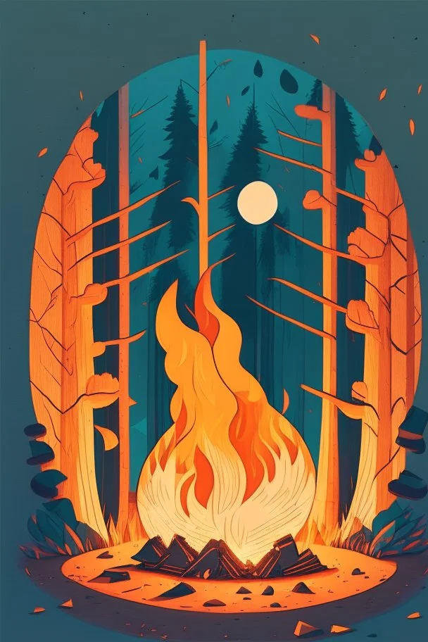 perfect round ball burning in a bonfire inside a forest, 2D flat illustration style, monoline, 3 colors max