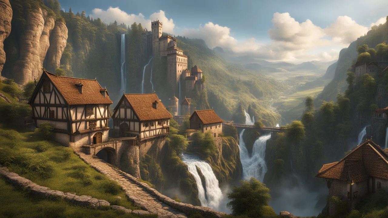 a small medieval town at the end of a steep, very tall valley. multiple waterfalls, a masterpiece, fantasy concept art, dynamic lighting, hyperdetailed, intricately detailed, deep color, Unreal Engine, volumetric lighting, Epic cinematic brilliant stunning intricate meticulously detailed dramatic atmospheric maximalist digital matte painting