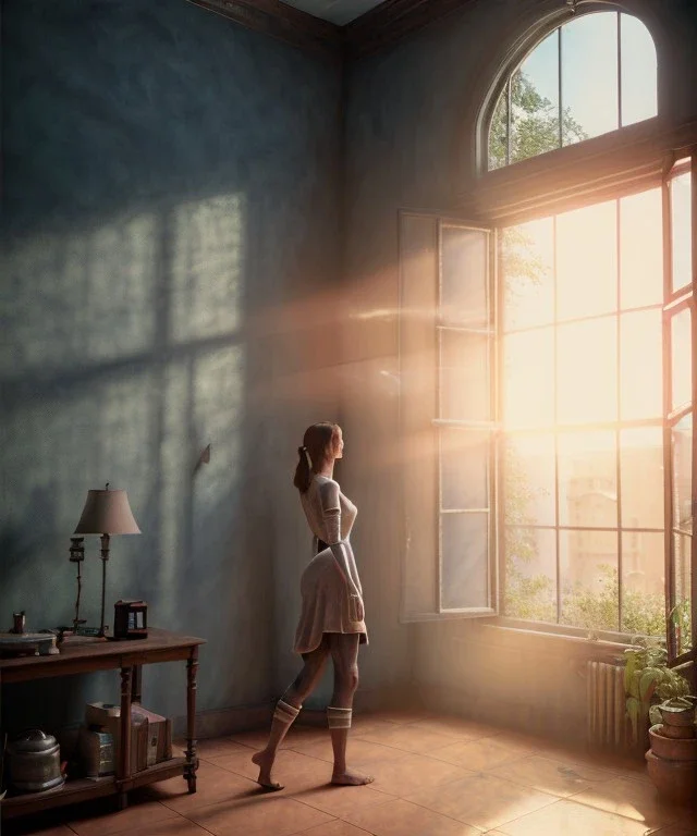 Realistic image, giant woman inside a house, looks out through the windows. people on the street are watching him, soft color, highly detailed, unreal engine 5, ray tracing, RTX, lumen lighting, ultra detail, volumetric lighting, 3d, finely drawn, high definition, high resolution.