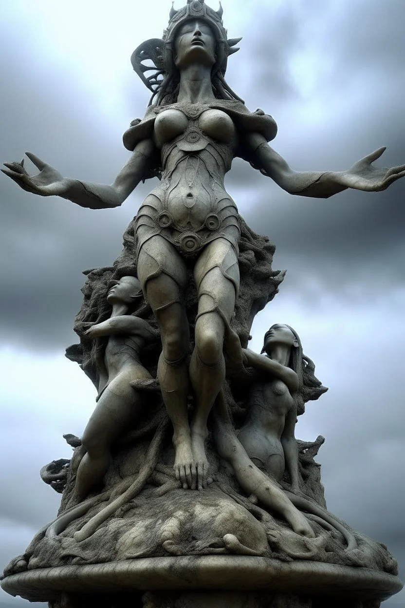 sculpture of goddesses above the clouds on a top of a mountain open arms . decayed and rotting with grotesque proportions and imagery. abstract grotesqueries, detailed texture, surreal horror, biomechanical design, by hr giger and beksinski