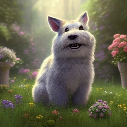 pixar style, volumetric summer garden environment and background, realistic painting of muffin, looking excited, volumetric lighting, dramatic lighting, detailed digital painting, extreme dense and fine fur, anime, ornate, colour-washed colors, elegant, small minutiae, tiny features, particulars, centered, smooth, sharp focus, renderman gofur render, 8k, uhd, detailed eyes, realistic shaded volumetric lighting, sunlight caustics, backlight, centered camera view