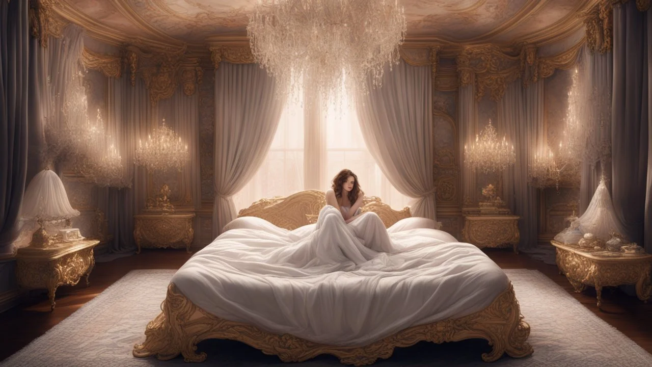 lay nestled in the center of a vast, luxurious bed, the sheets and blankets enveloping her like a protective cocoon. The room surrounding her seemed to stretch endlessly in all directions, the ornate furniture and elegant decor creating a sense of opulence and comfort. From this upper isometric view, Olivia felt both enchanted and trapped by the sheer grandeur of her surroundings.