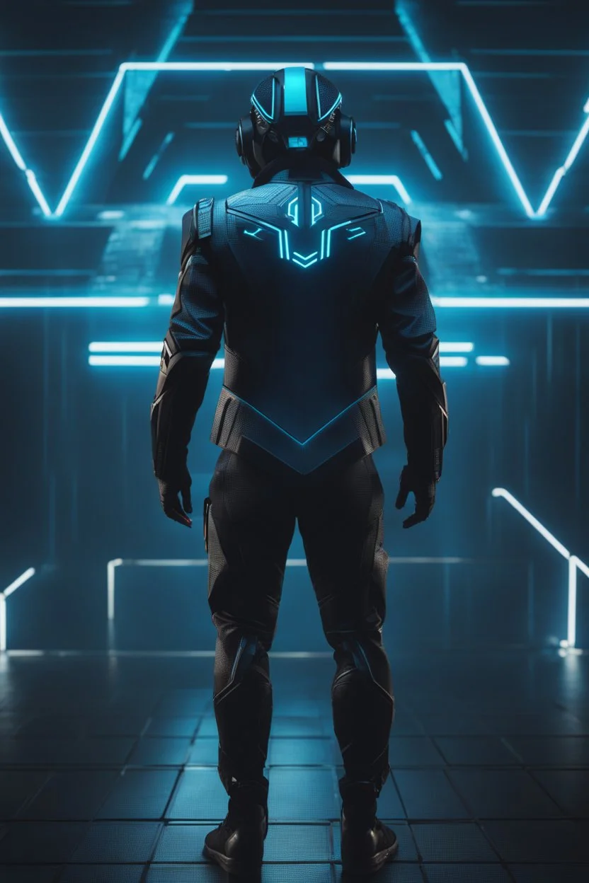 cyberpunk, neon blue, triangle of light floating behind the back, cyber suit, geometric patterns on a suit, male