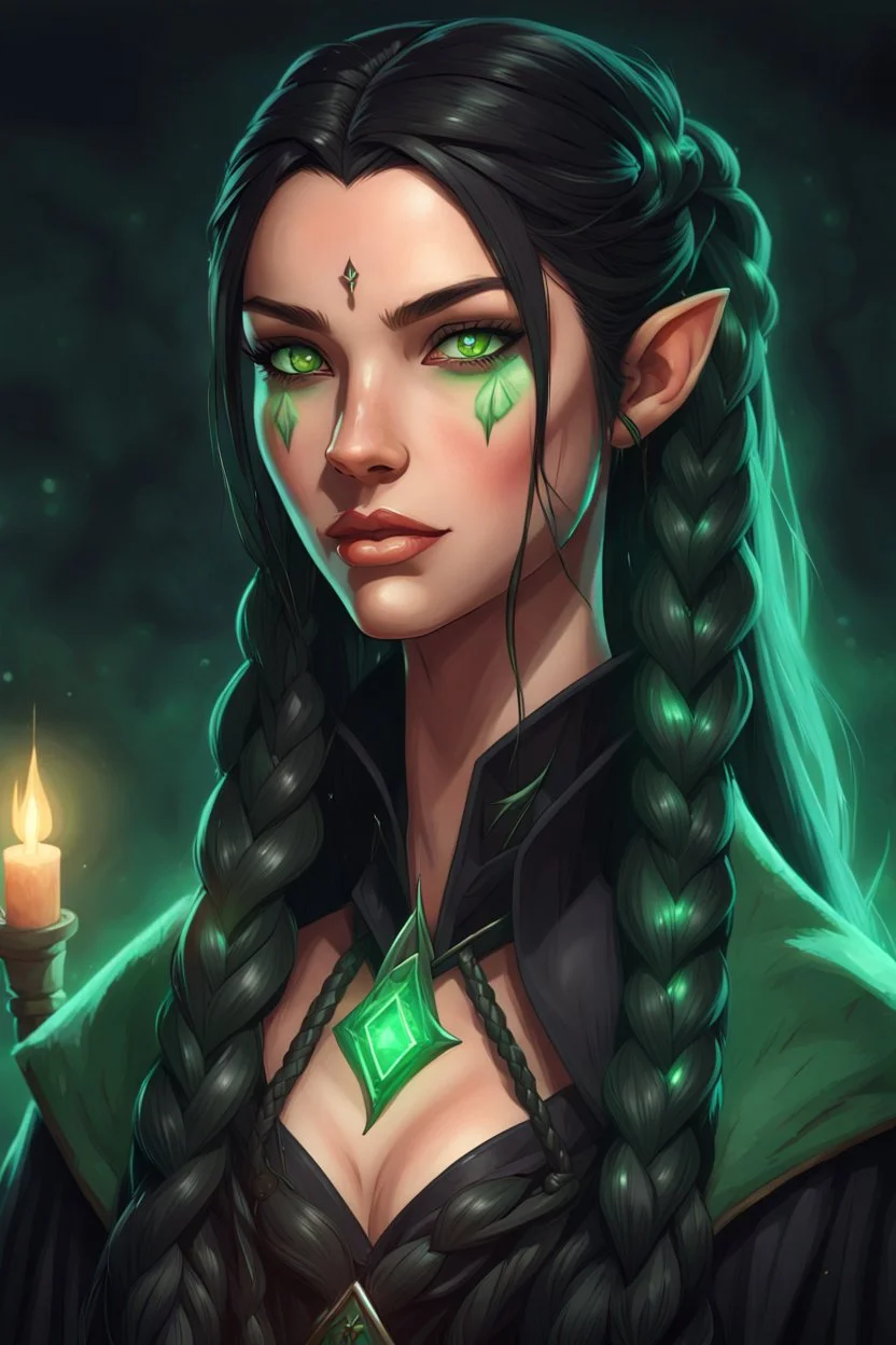 Young beautiful female Hexblood warlock character. Lightly tanned skin. Long straight jet-black hair to the waist. Half-up hairstyle with two loose Dutch braids on each side. Bright glowing pale emerald-green eyes. Delicate face. High cheekbones. Full lips. Soft smile. Slightly pointed ears. Faint dark vine-like markings on neck and collarbone. Black cloak. Realistic dark fantasy. Highly detailed. Cinematic lighting.