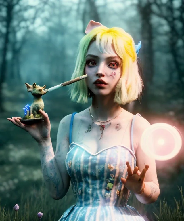 Ultra realistic wonderland photo, happy blonde Alice smoking a pipe, blue dress, white rabbit pet, circus dress style, old school tattoo, smoke, marijuana garden, glow eyes, perfect iris, soft color, highly detailed, unreal engine 5, ray tracing, RTX, lumen lighting, ultra detail, volumetric lighting, high definition.