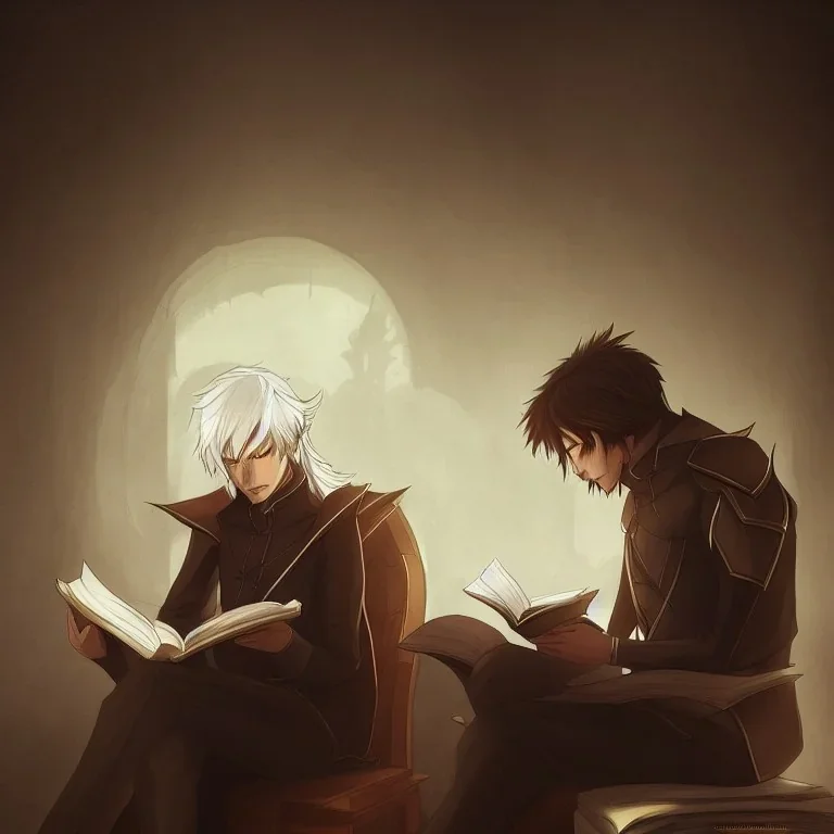 half body shot of calm elf with white hair in brown suit reading a legendary book, fantasy character, somber, gloomy lighting, epic perspective, trending on artstation