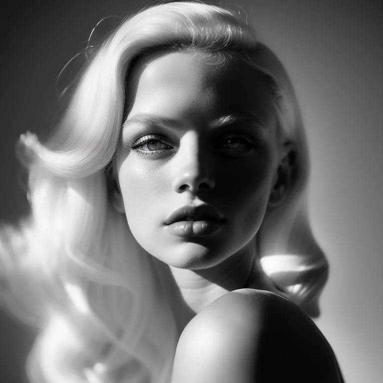 Mujer rubia iluminada, retrato medio cuerpo, iluminada potentemente desde el lado derecho, blanco y negro vaporoso, peinado a lo Verónica Lake al estilo del fotógrafo Hugo Alonso