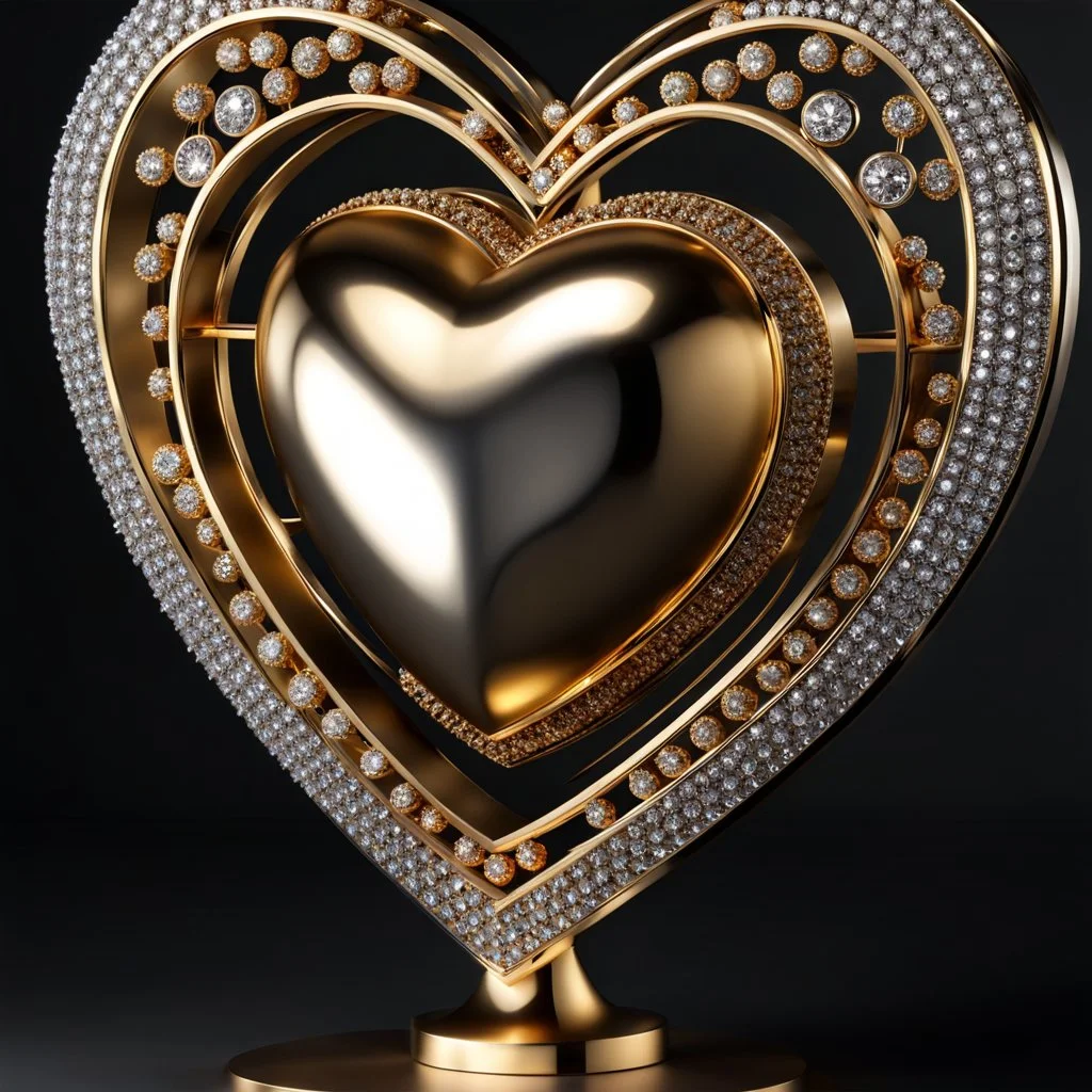 A magnificent golden and silver heart-shaped sign adorned with a stunning golden sphere encrusted with sparkling diamond clusters at its center, elegantly spinning in position.