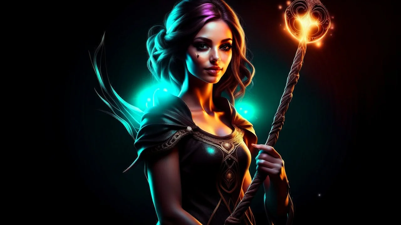 fantasy girl on a bright background holds a magic staff, with the ERAZE logo. The edges of the image fade to black.