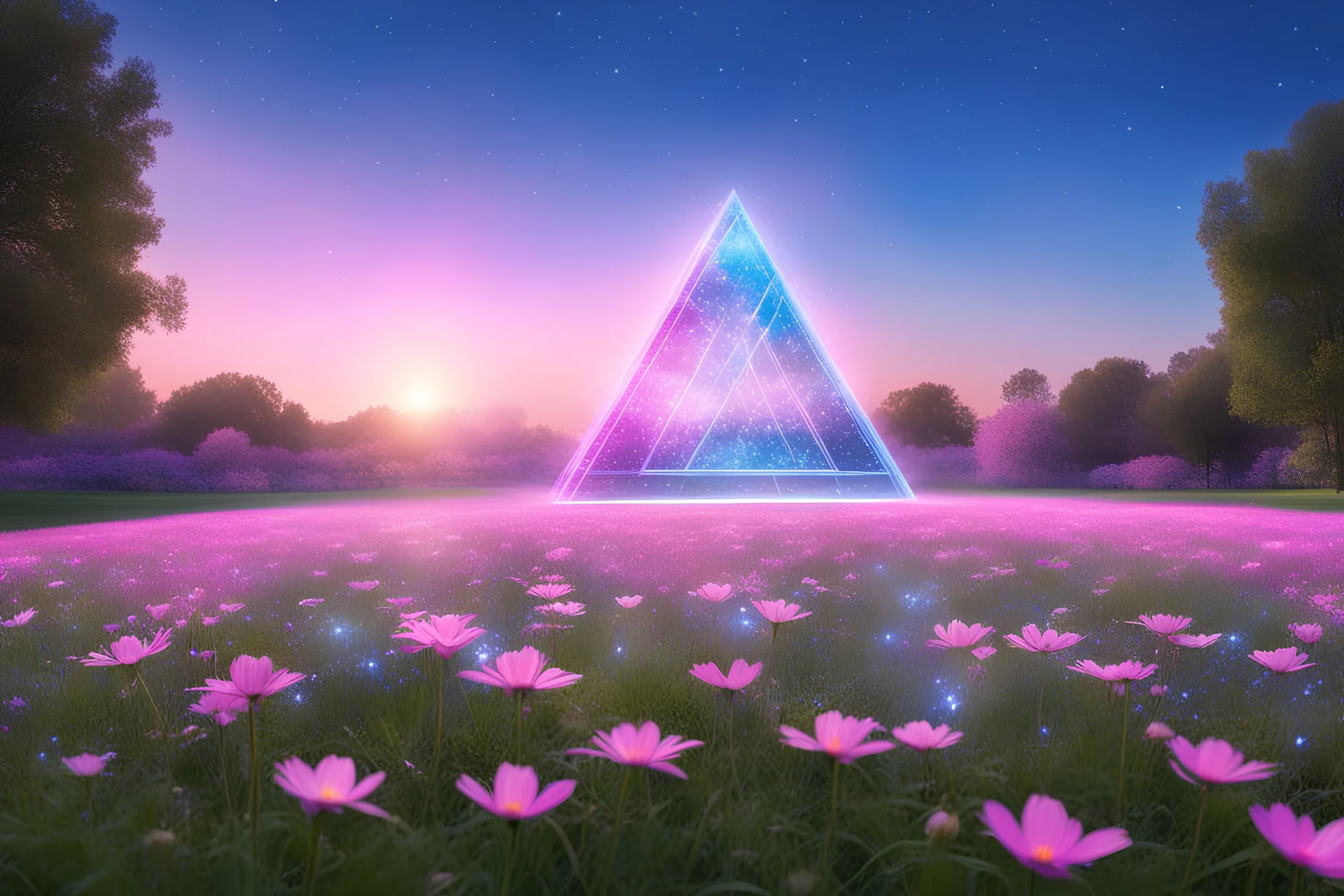 magic brightness triangle structure of light and bluebeam in a magic blue and pink lawn in a fairy cosmo, with lightness sky