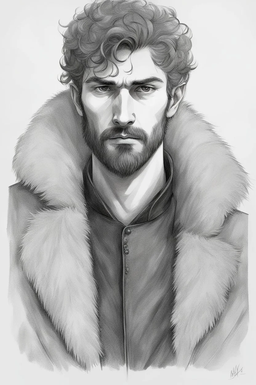 man, age 20, medieval, fighter, russian, croocked nose, czar, rich, simple clothes, short messy hair, thick beard, oligarch, leather coat with fur, brocade clothes, pencil drawing, black or red hair, muscles