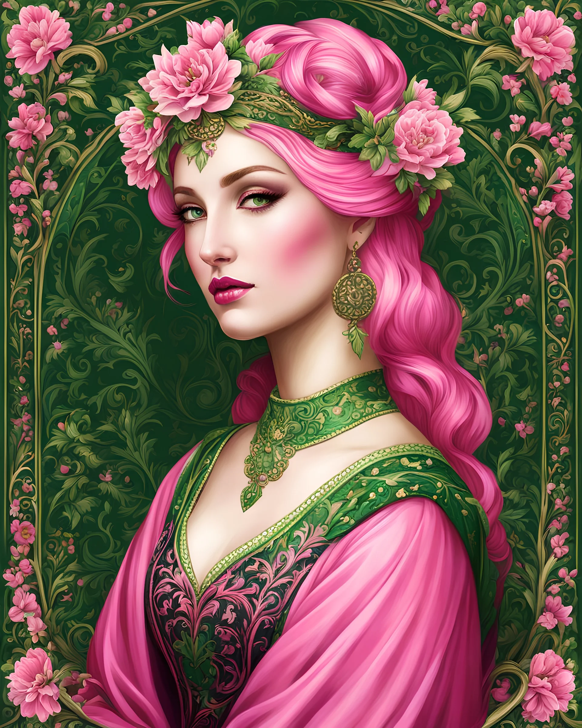 Artistic Pink green Lady , PRINT medieval style
