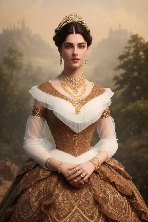 long shot beautiful and gorgerous duchess with incredible jewellery in 19th century clothing by Greg Rutkowski and Artgerm and Emile Vernon and Vladimir Volegov, in a brown dress, mystical castle background, art illustration, natural beauty, muted colors, pastels, perfect fingers, higly detailed, expressive, high detail, symmetrical, digital painting, symmetrical eyes, dynamic lighting, artstation, cinematic lighting, intricate artwork, emitting diodes, smoke, artillery, sparks, racks, system u