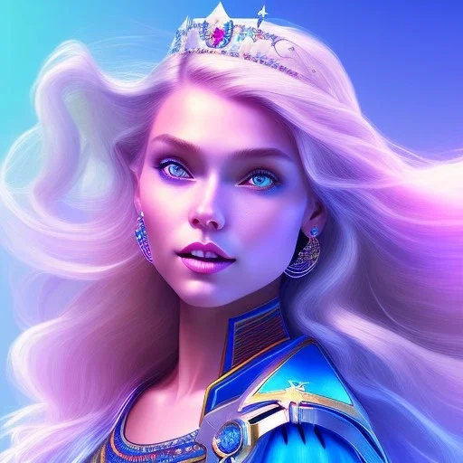 A portrait of a full body crystalised blue pink queen,smiling face, blue eyes, long blond hair, atmospheric, realistic, unreal engine, lighting