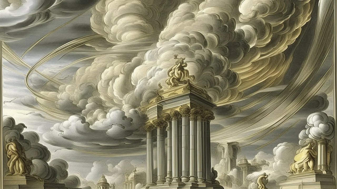 A silver colored thunderstorm in a cloudy sky designed in Heidrun manuscripts painted by Michelangelo di Lodovico Buonarroti Simoni