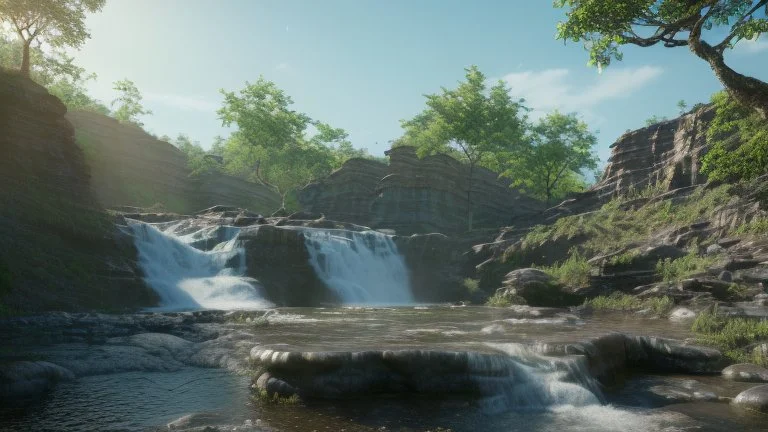 Sunny day, Epic waterfall landscape, rocks foreground