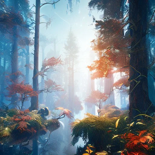 dynamic lighting, Intricately detailed, Splash screen art, deep color, Unreal Engine, volumetric lighting, red forest,