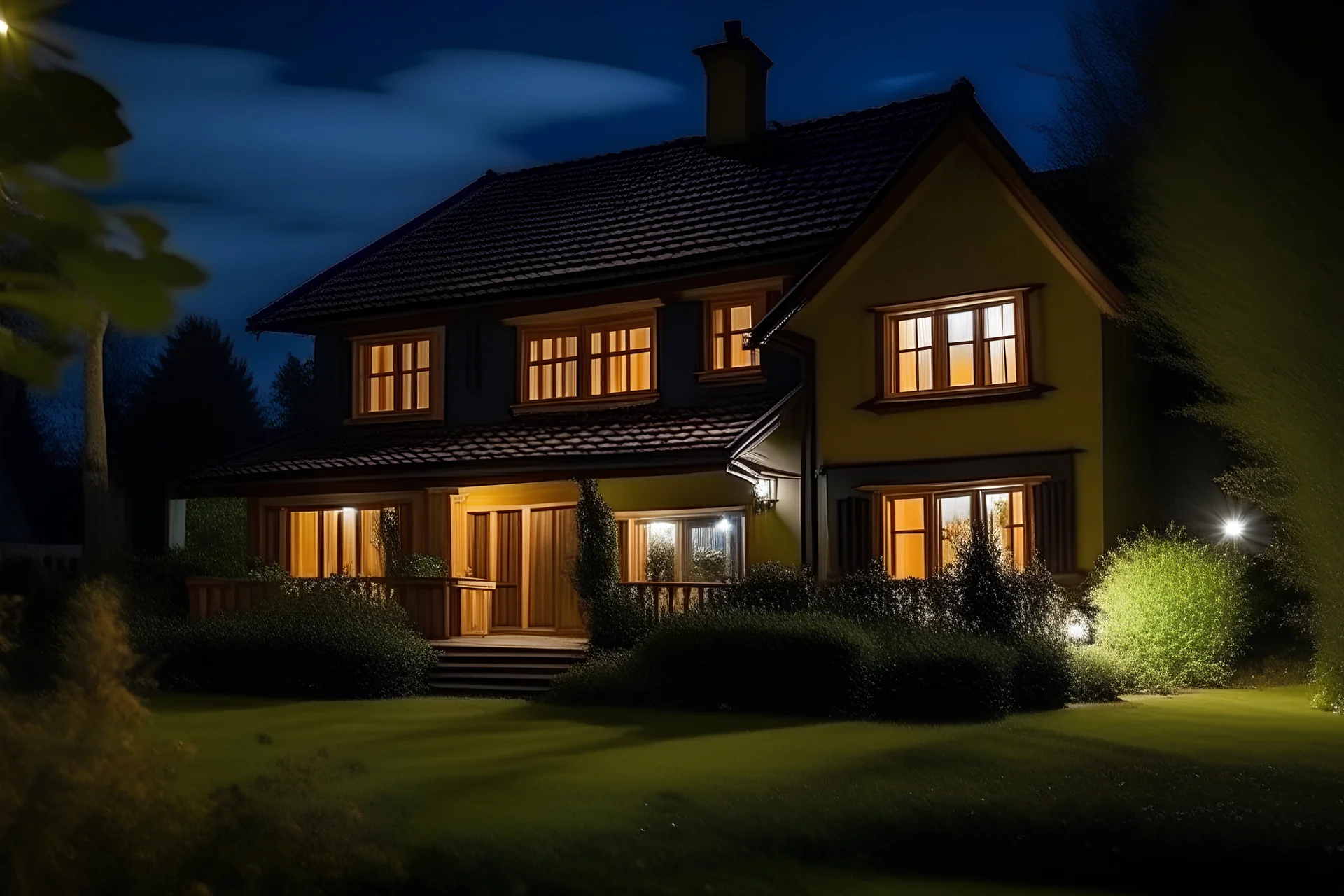 A cozy family home, outside is almost night time