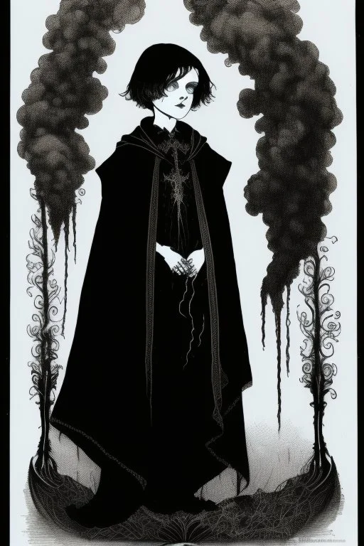 7 year old boy, necromancer, friendly, looks dead, surrounded by weird smoke with eyes, wearing black robes, in the style of Harry Clarke