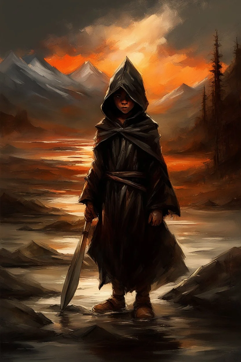 A formidable warrior-a 10-year-old boy in a black robe with a hood, on the background Amazing gloomy landscape, flooded with sunset, mountains, trees, fabulous scary hero, , juicy emotions, painting, dark fantasy, bad weather, gloomy day, dark world, by Raymond Swanland & Anna Razumovskaya & James Paick & Alyssa Monks