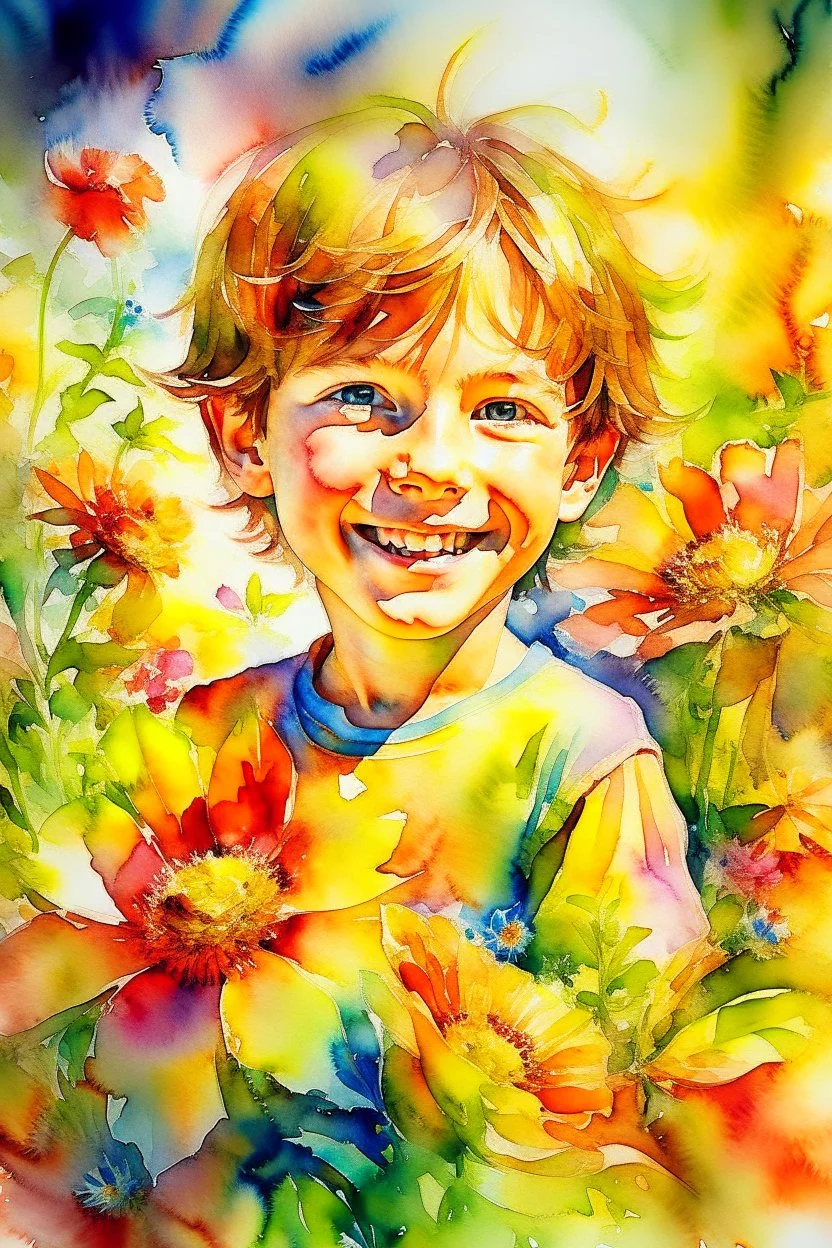 Summer flowers embraced by an alcohol ink splash, resembling Jody Bergsma's super realism infused with hyper-detailed Impressionism in 8K, a gold bar subtly nestled within the vibrant flora, a small, fluffy and slightly tanned boy exuding joy and happiness, all captured in watercolor, peaking in popularity on Artstation, photographed in a studio setting, sharp focus revealing intricate details of each