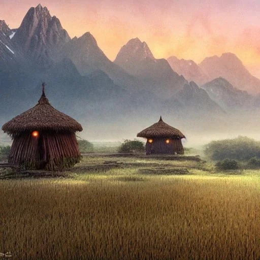 incredible, stunning rice patties with several wood huts, morning mist, mountains in the distance,8k, high-quality, ultrafine-detail, intricate, detailed matte, digital painting, artwork, brian froud, howard lyon, Scott Gable, Wajima Ishikawa, Mu Cang Chai, Greg Rutowski