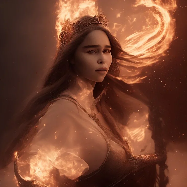 portrait only a wonderfull emilia clarke, viking fantasy, big curves, voluminous long black hair, fire and fog particles, 55 mm