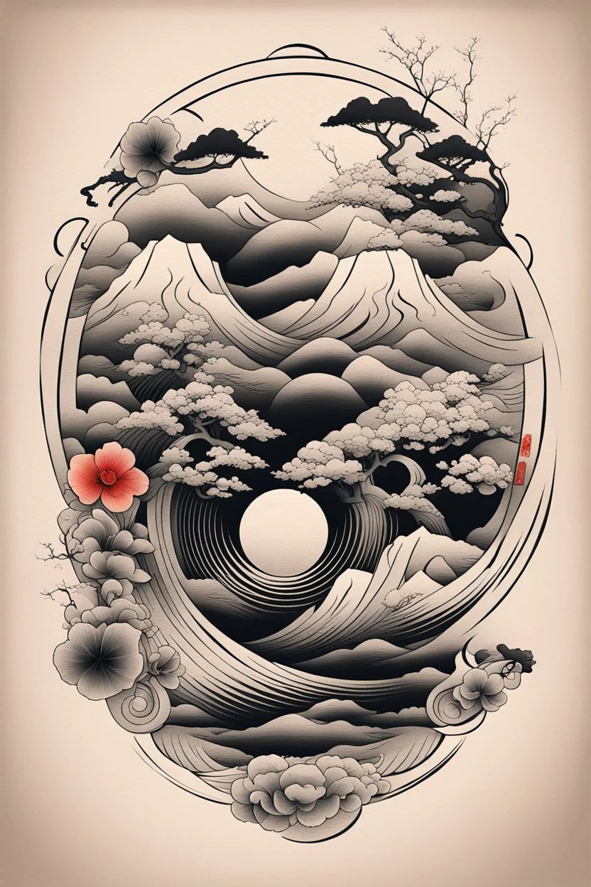 Create a captivating modern 2d Japanese tattoo design for print , using the elegant influences of japan art style, for print, dynamic elements from fashion and design, and bold Japanese art aesthetics, framing centered in the center, distanced from the edges of the paper perimeter, perfect anatomy, bauhaus, Divine Proportion,