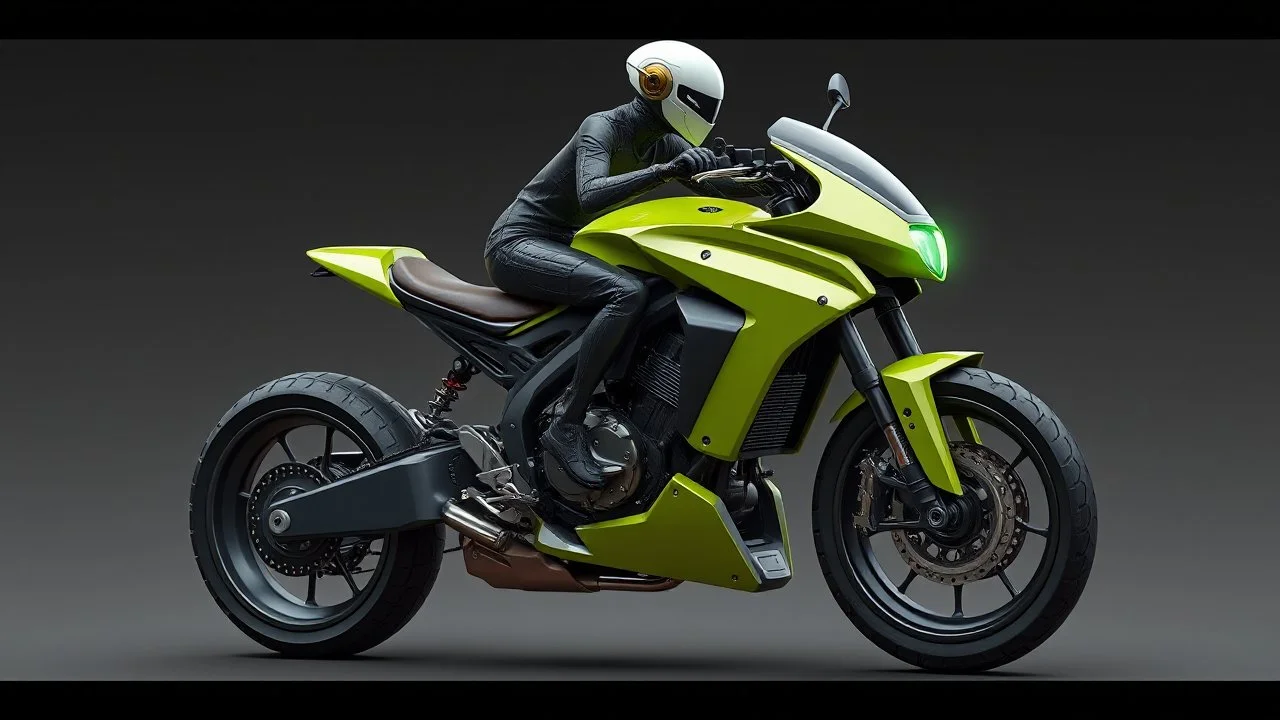 Design a motorcycle with eco-friendly capabilities and a modular aesthetic. Driven by an alien