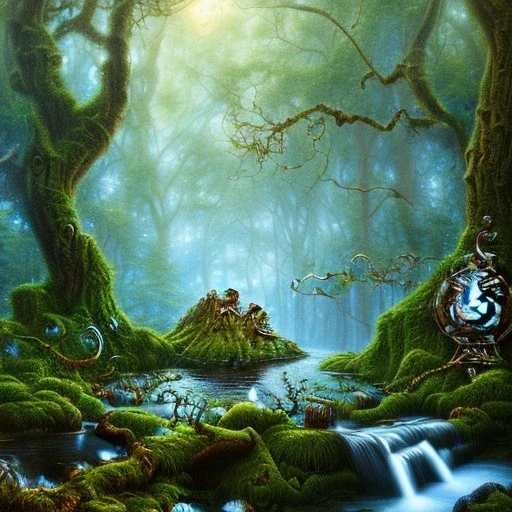 crazy detail, magical forest background with big toads, waterfall, blue but cloudy skies, lively eyes, framed by foliage, gold