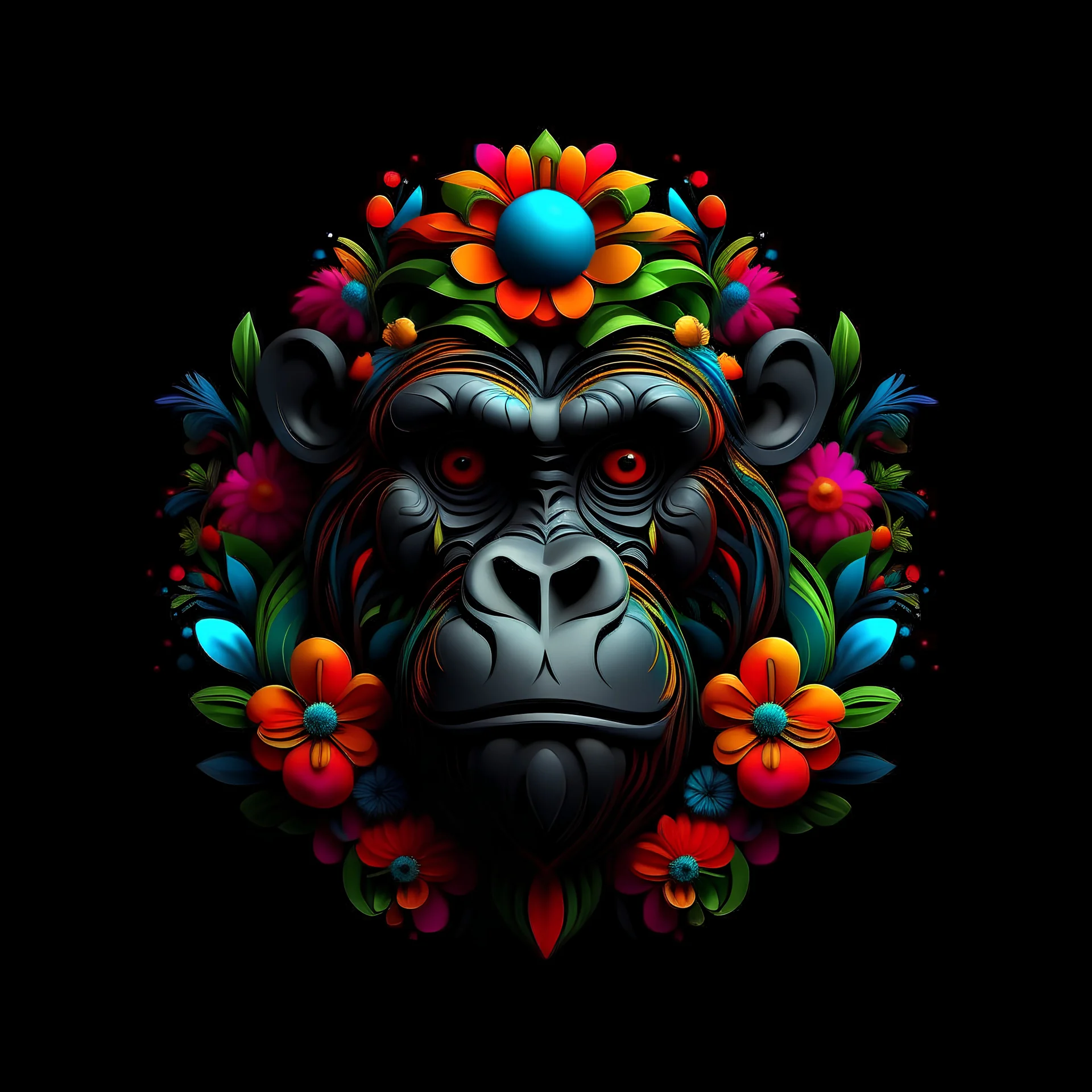 logo design, complex, trippy, bunchy, 3d lighting, 3d, gorilla, realistic head, colorful, floral, flowers, cut out, modern, symmetrical, center, abstract, circular shape, black background