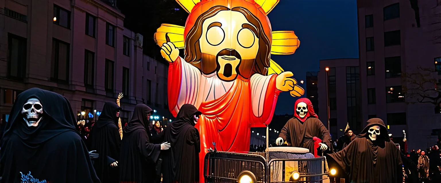 200 ft tall floating cartoonish jesus parade balloon pulled by multiple grim reapers, multi colored, bright, vivid, psychedelic, high detailed, high gloss, insanely detailed, matte, horrorcore, lining the street, unsettling contrast, monument to death, live action shot grim reaper parade, pullin
