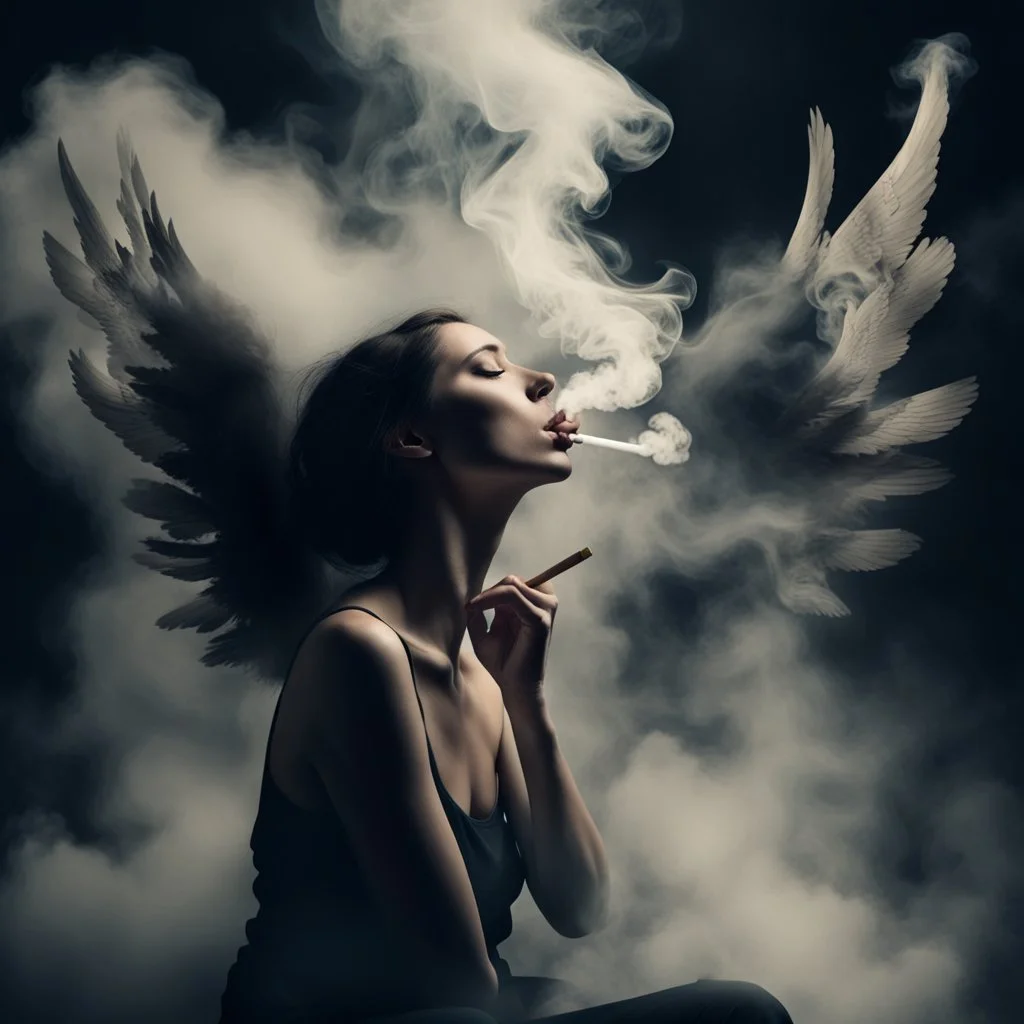 woman sitting forward Her face upward and blows cigarette smoke from their mouth upward. a figure with wings emerging from its back. behind the clouds of smoke look death. dark and mysterious