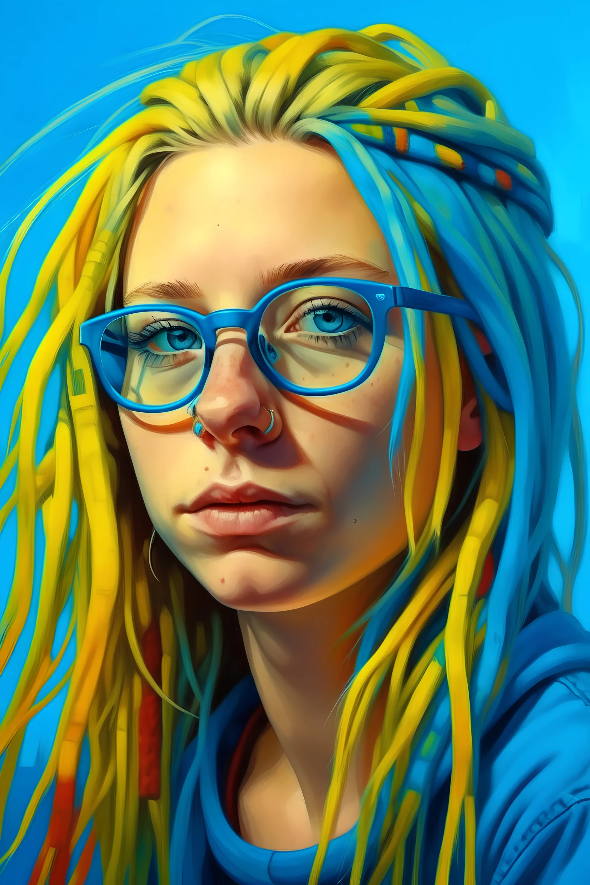 young Girl in glasses with blond and blue dreads, realistic, pop art, bright colors