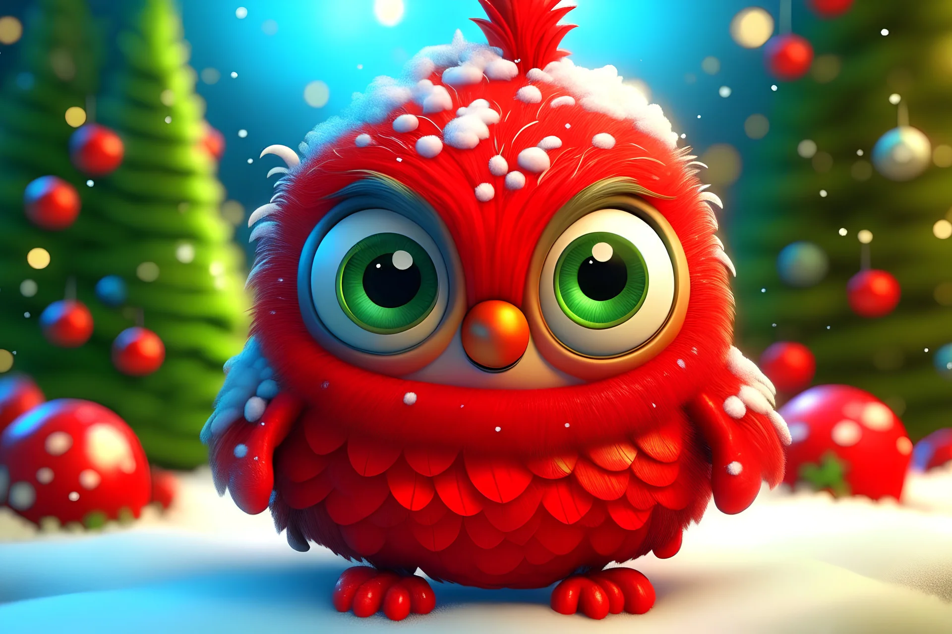 a cute cute little bug-eyed Santa megafowl kawaii smiley in a red jacket and Christmas tree with colorful trimmings, star on top of tree, gifts, toys in the snow. high resolution, 64k, detail rendering, high quality, fantasy, soft warm lighting, fluffy eyelashes, macro photography, 3D rendering, hyperrealism, hyperesthetic, sharpen, CGI