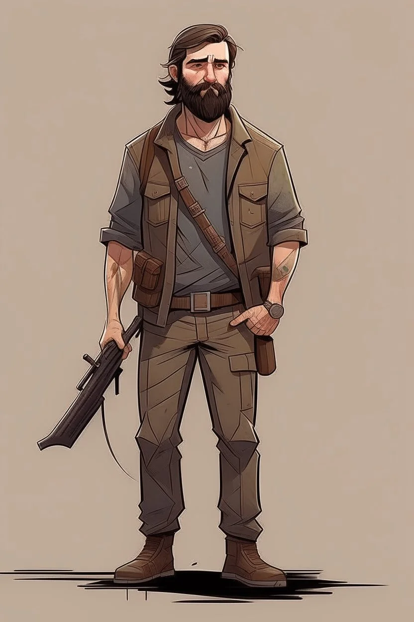 man, beard, brown hair, illustration, looking serious, full body, standing, mean,, looking sideways, holding a riffle