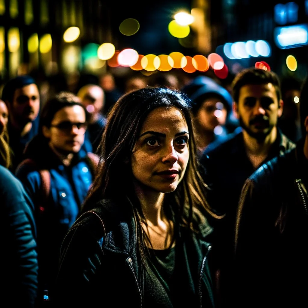 dark city at night, lots of people, blurred, focus on one beautiful woman in the middle of the crowd